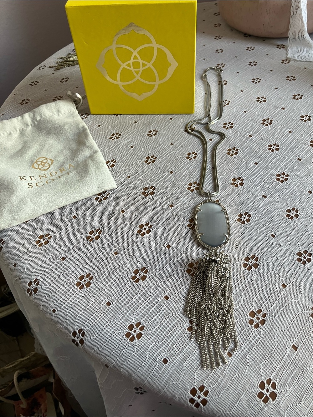 Kendra Scott Silver Pendant Necklace with Light Gray Stone and Tassel